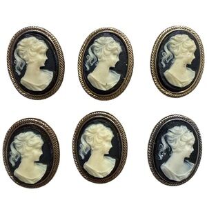 Vintage Cameo lady Button covers in Black and Gold tone lot of six